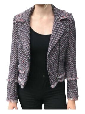 ZARA TRF OUTERWEAR Tweed Moto Blazer in Red, White, Blue & Gray, Size M.